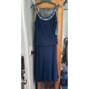 Alex Evenings Navy Blue Midi Dress Beaded Neckline Sleeveless Size 8 semi formal